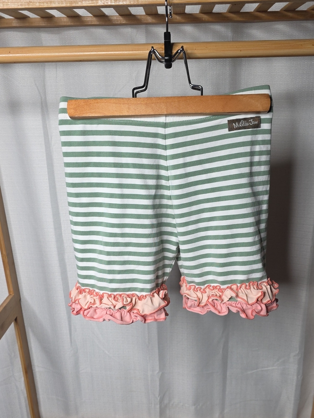 Matilda Jane Green and White Stripe Shorts with Pink Ruffle Hem